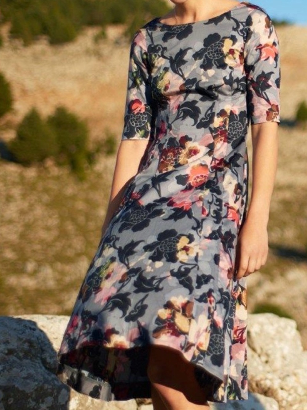 Toast UK gray, black, red cotton floral midi dress US size 10